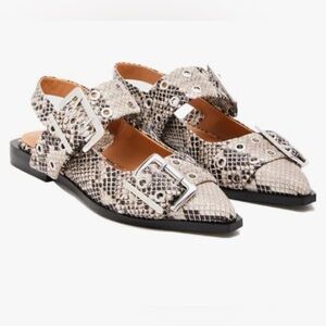 Sculptural Buckle Pointed-Toe Slingback Flats Snake Print Size 36